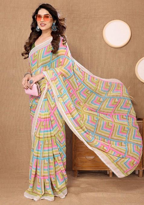 Green Embroidered Blended Saree Set