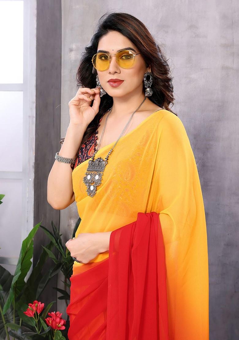 Orange Embroidered Blended Saree Set - Indya