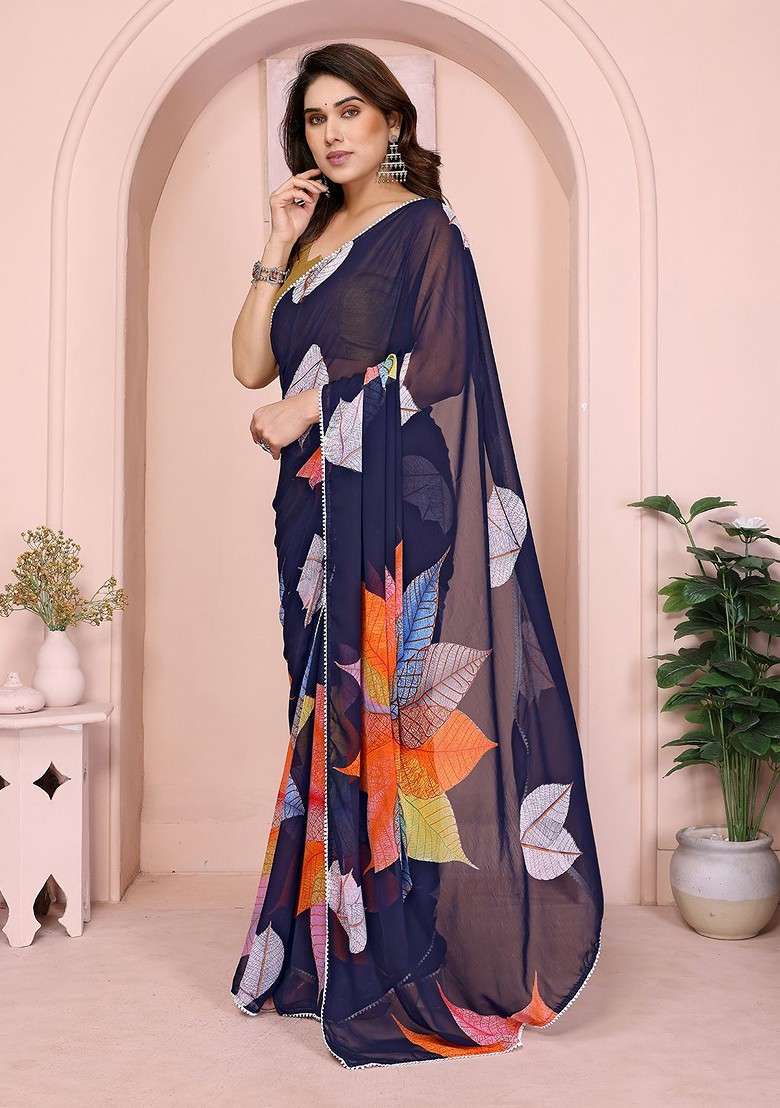 Blue Embroidered Blended Saree Set - Indya