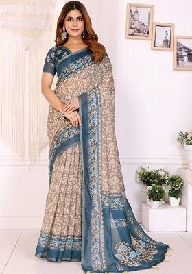 Cream Embroidered Blended Saree Set