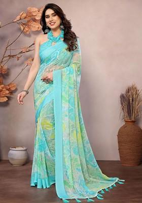 Turquoise Blue Embroidered Blended Saree Set