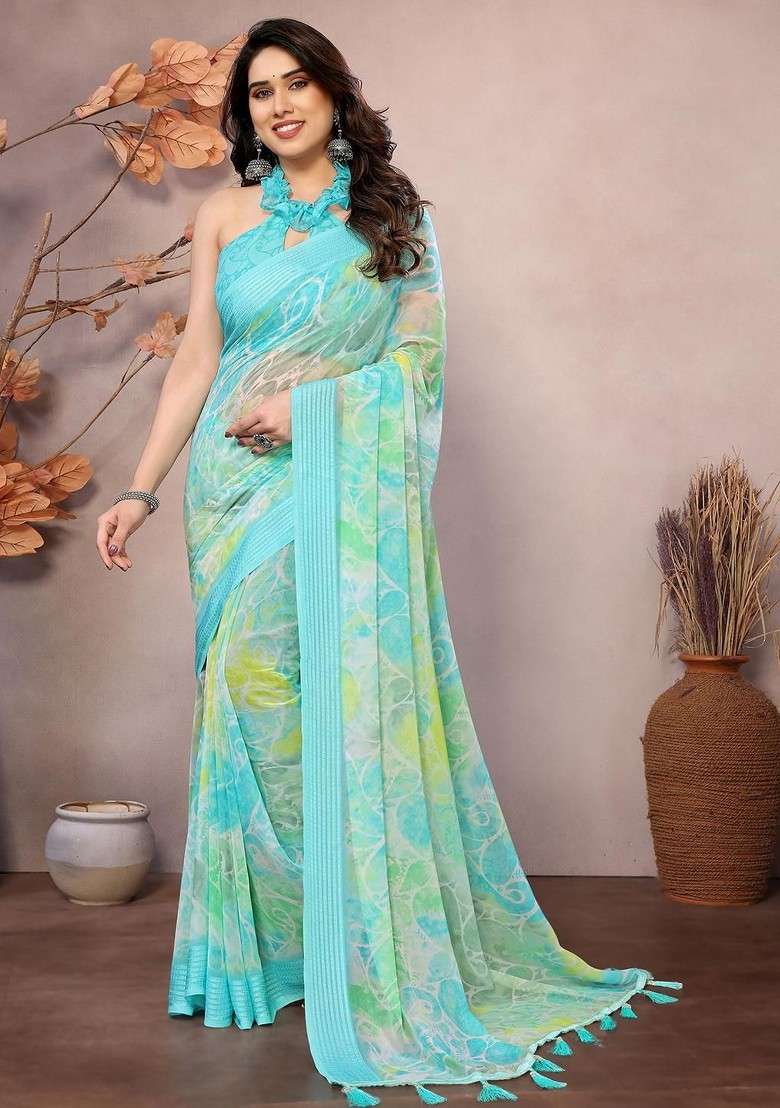 Turquoise Blue Embroidered Blended Saree Set - Indya