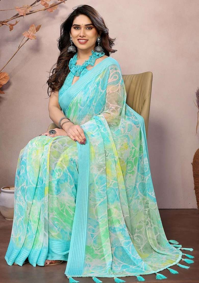 Turquoise Blue Embroidered Blended Saree Set - Indya