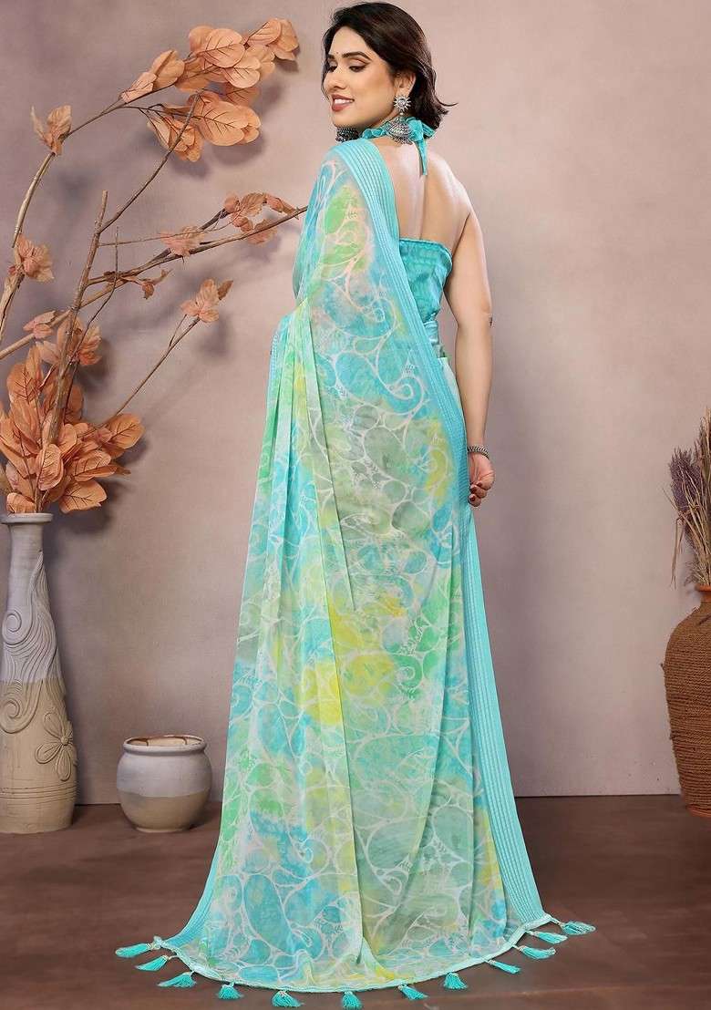 Turquoise Blue Embroidered Blended Saree Set - Indya