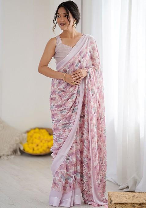 Lavender Printed Blended Saree Set