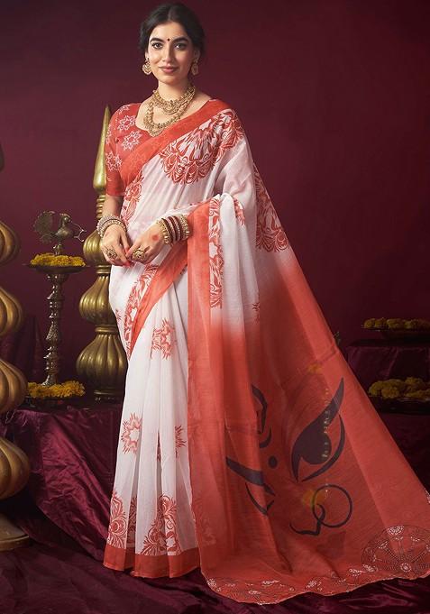 White Embroidered Blended Saree Set