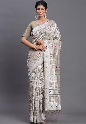 Beige Embroidered Blended Saree Set