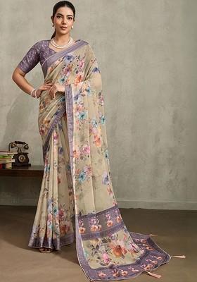 Beige Printed Blended Saree Set