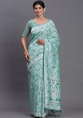 Sea Green Embroidered Blended Saree Set