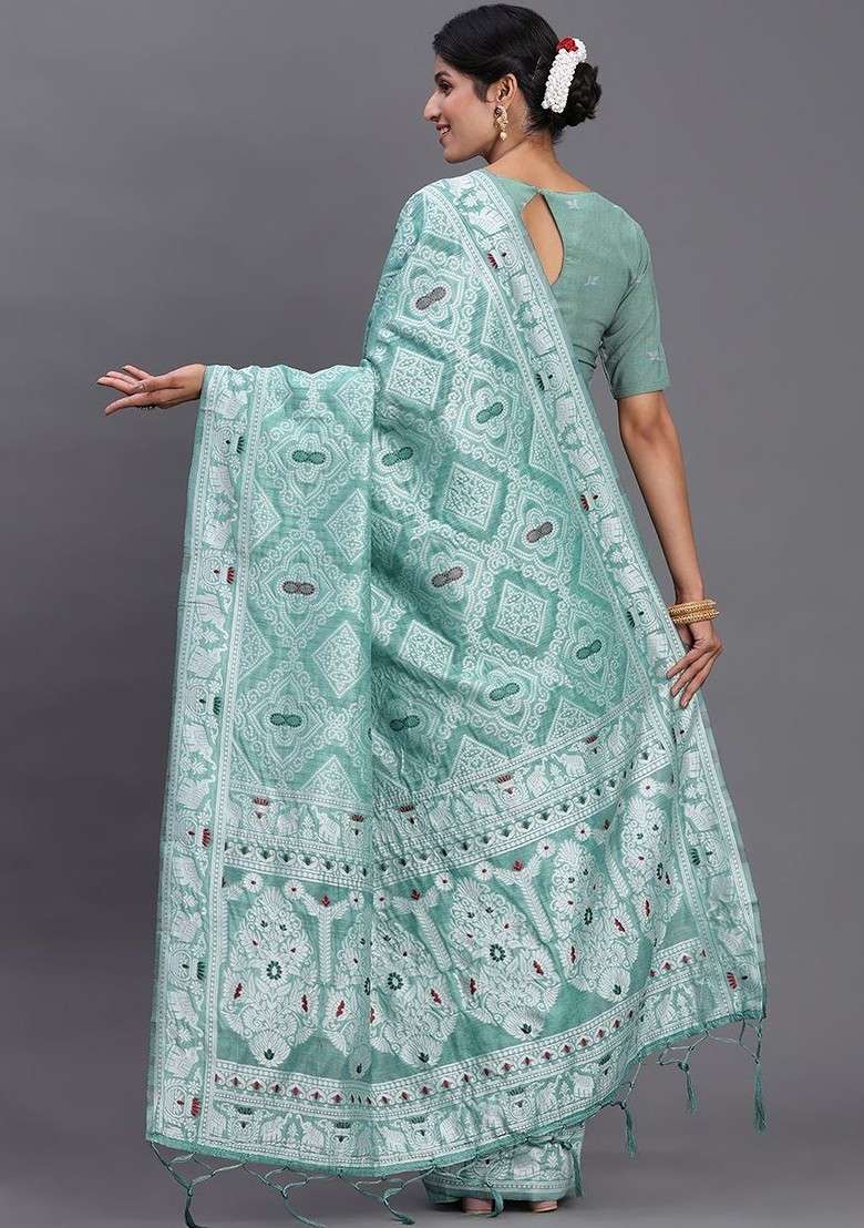Sea Green Embroidered Blended Saree Set - Indya