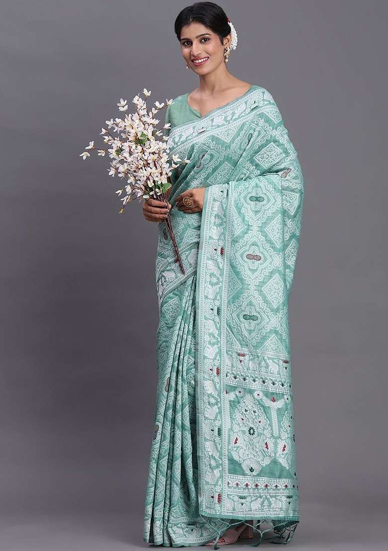 Sea Green Embroidered Blended Saree Set - Indya