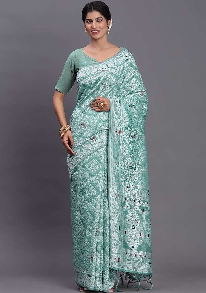 Sea Green Embroidered Blended Saree Set - Indya
