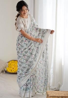 White Embroidered Blended Saree Set