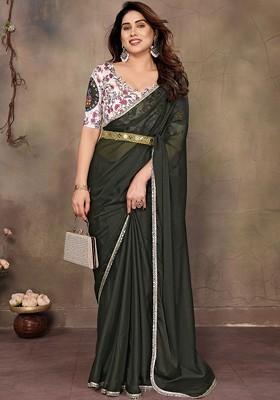 Green Solid Blended Saree Set