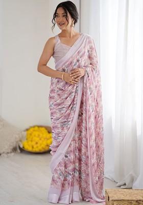 Pink Embroidered Blended Saree Set