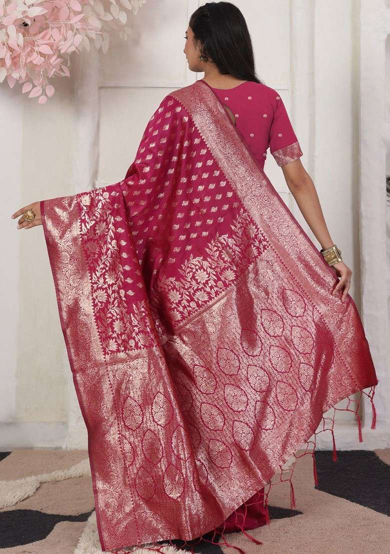 Magenta Embroidered Blended Saree Set - Indya