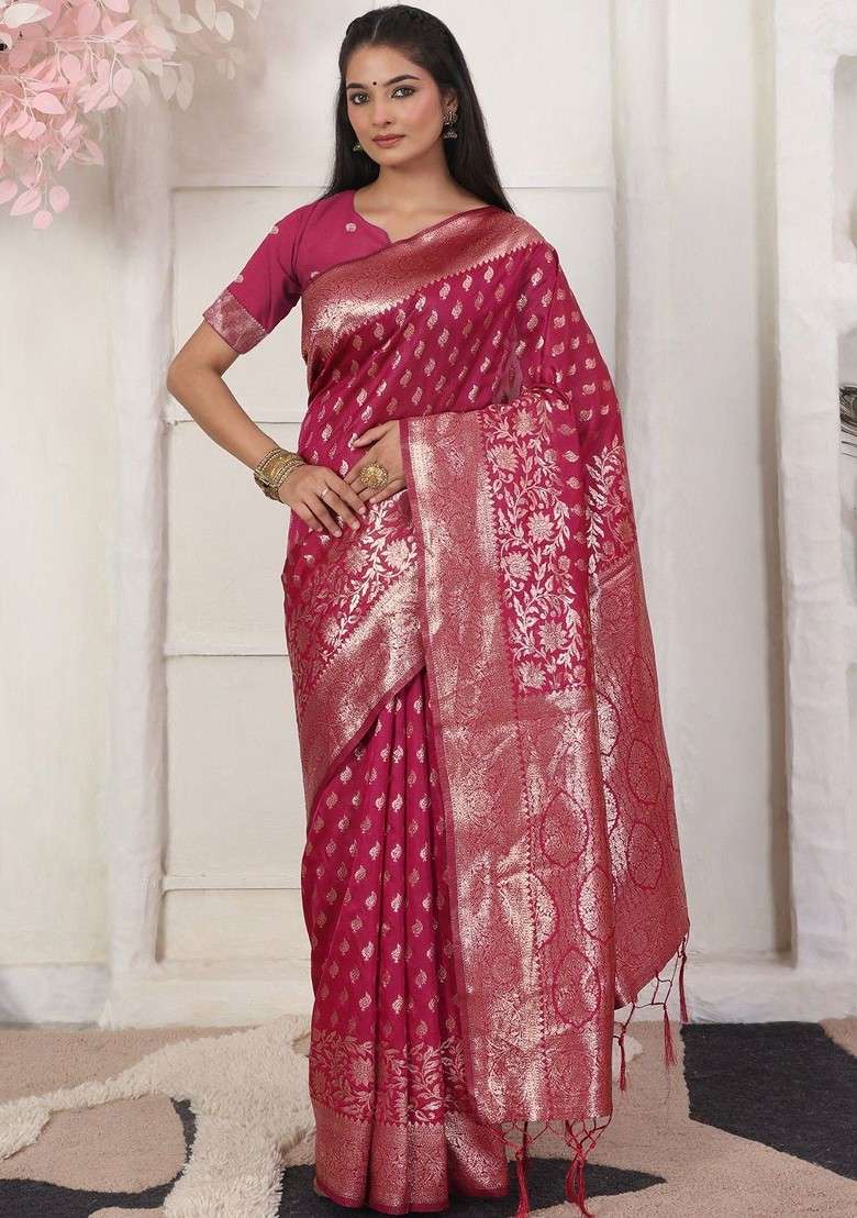 Magenta Embroidered Blended Saree Set - Indya