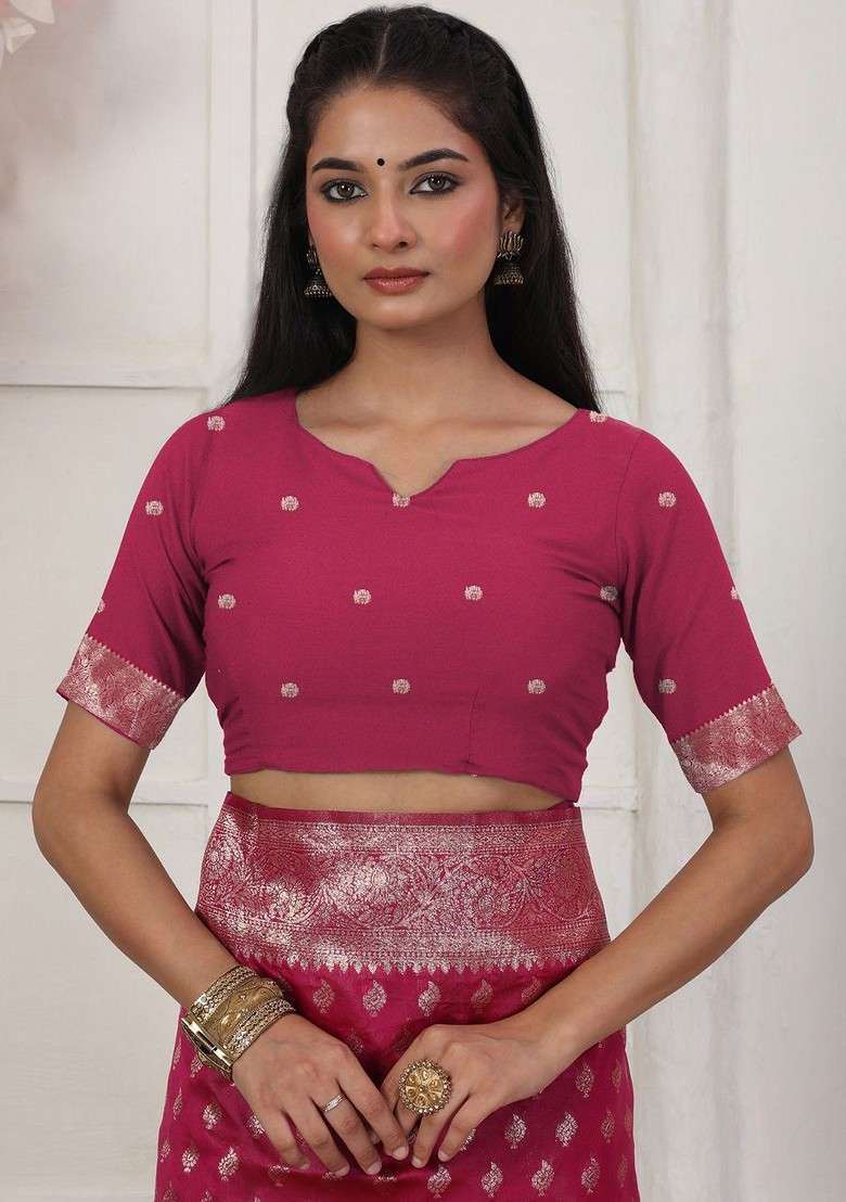 Magenta Embroidered Blended Saree Set - Indya