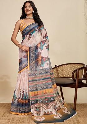 Off White Embroidered Blended Saree Set