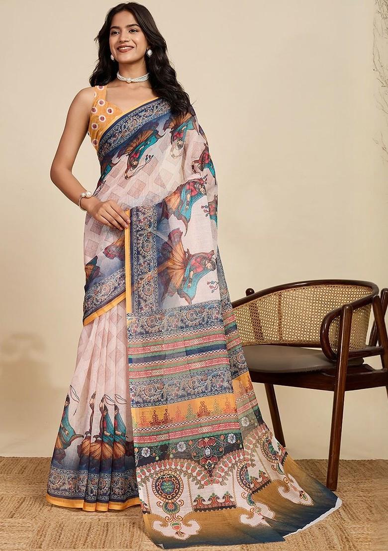 Off White Embroidered Blended Saree Set