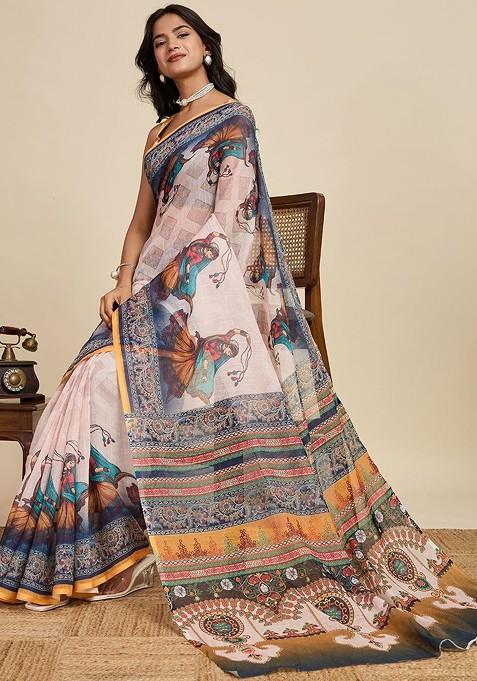 Off White Embroidered Blended Saree Set