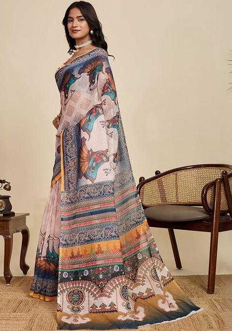 Off White Embroidered Blended Saree Set
