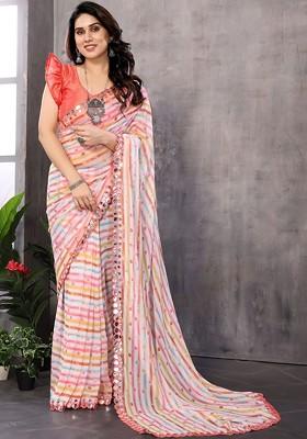 Peach Embroidered Blended Saree Set