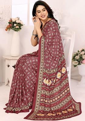 Maroon Embroidered Blended Saree Set