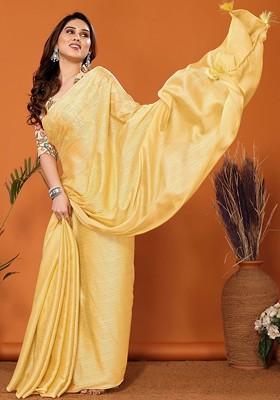 Yellow Embroidered Blended Saree Set