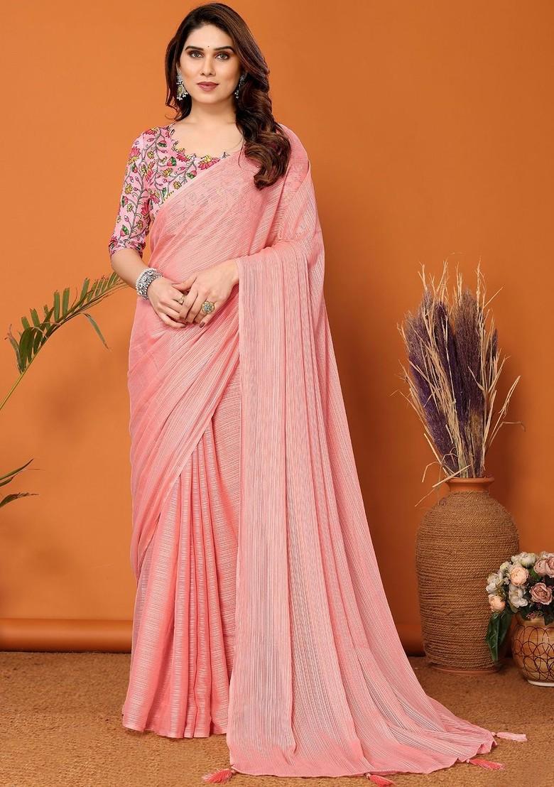 Peach Embroidered Blended Saree Set - Indya