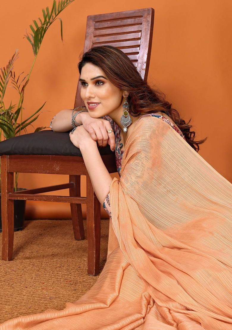 Cream Embroidered Blended Saree Set - Indya