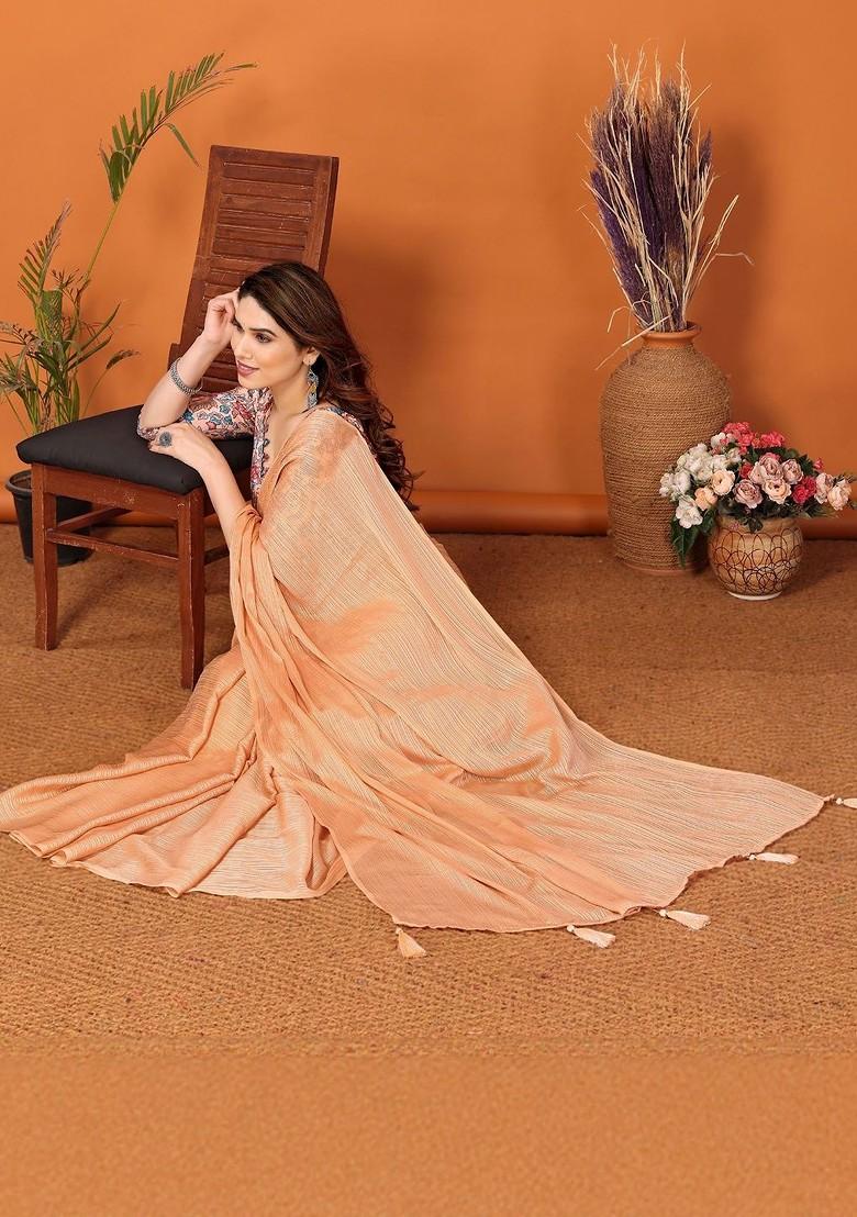 Cream Embroidered Blended Saree Set - Indya