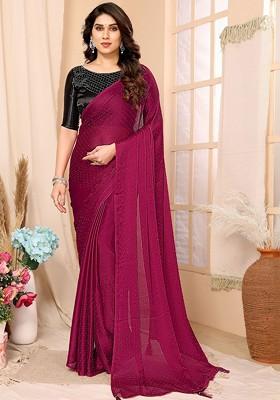 Pink Embroidered Blended Saree Set