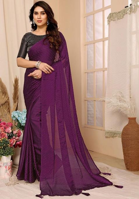 Purple Embroidered Blended Saree Set