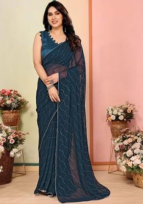 Grey Embroidered Blended Saree Set