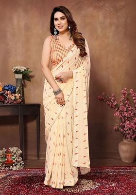 Cream Embroidered Blended Saree Set