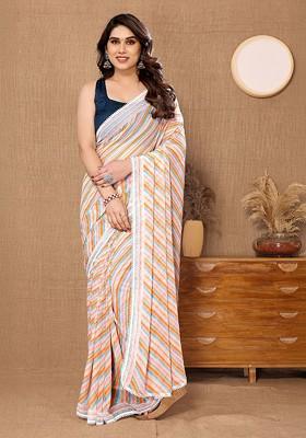 Cream Embroidered Blended Saree Set