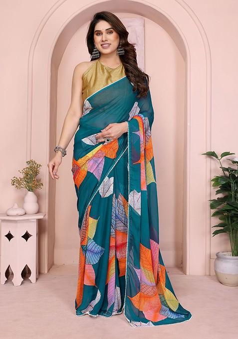 Teal Embroidered Blended Saree Set