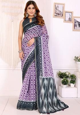 Purple Embroidered Blended Saree Set