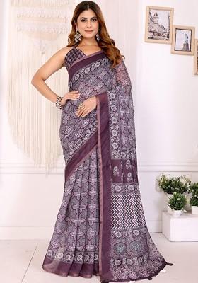 Purple Embroidered Blended Saree Set
