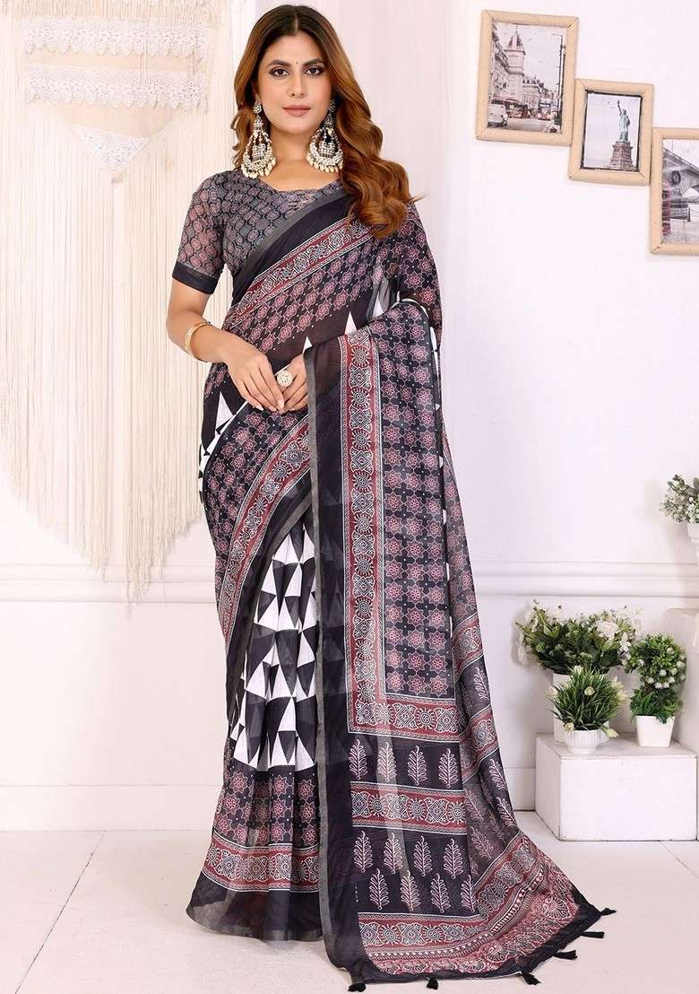 Black Embroidered Blended Saree Set - Indya