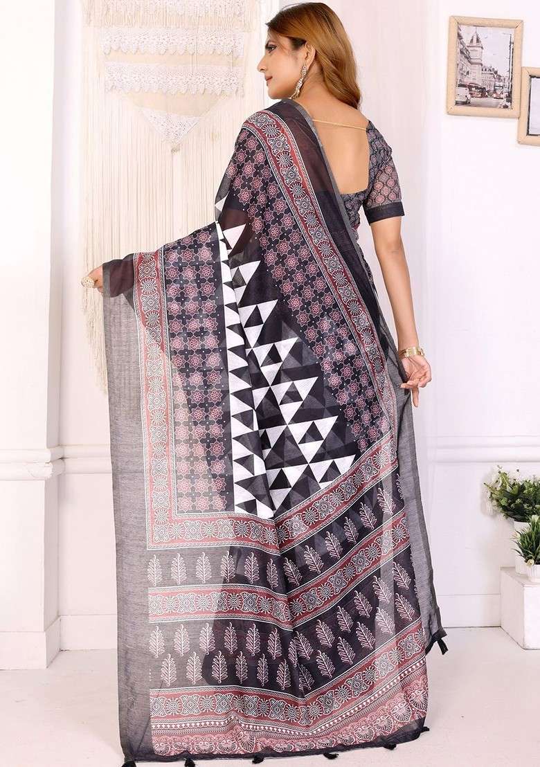 Black Embroidered Blended Saree Set - Indya