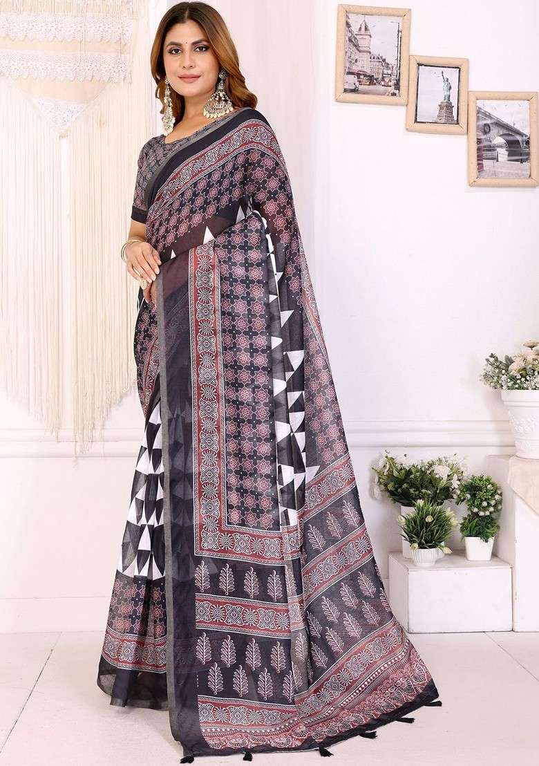 Black Embroidered Blended Saree Set - Indya