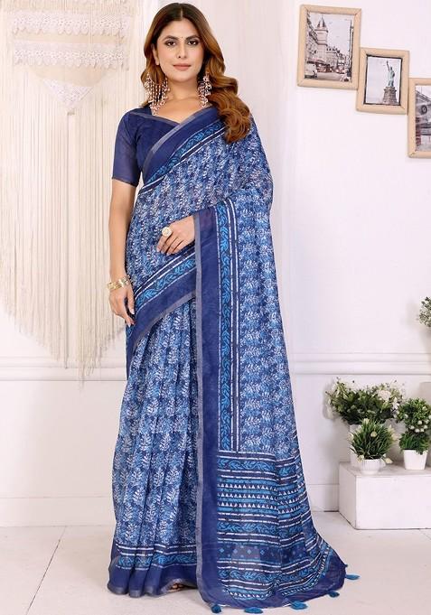 Blue Embroidered Blended Saree Set
