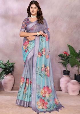 Purple Embroidered Blended Saree Set