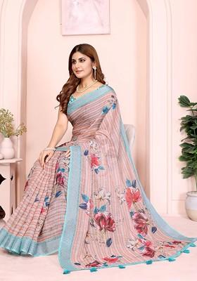 Peach Embroidered Blended Saree Set