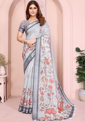 Grey Embroidered Blended Saree Set