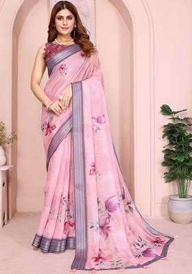 Pink Embroidered Blended Saree Set