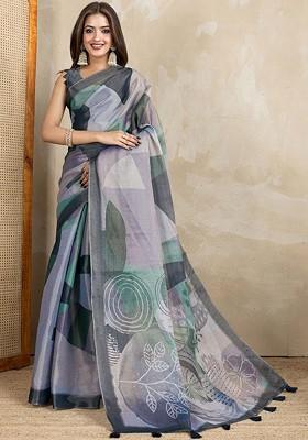 Grey Embroidered Blended Saree Set