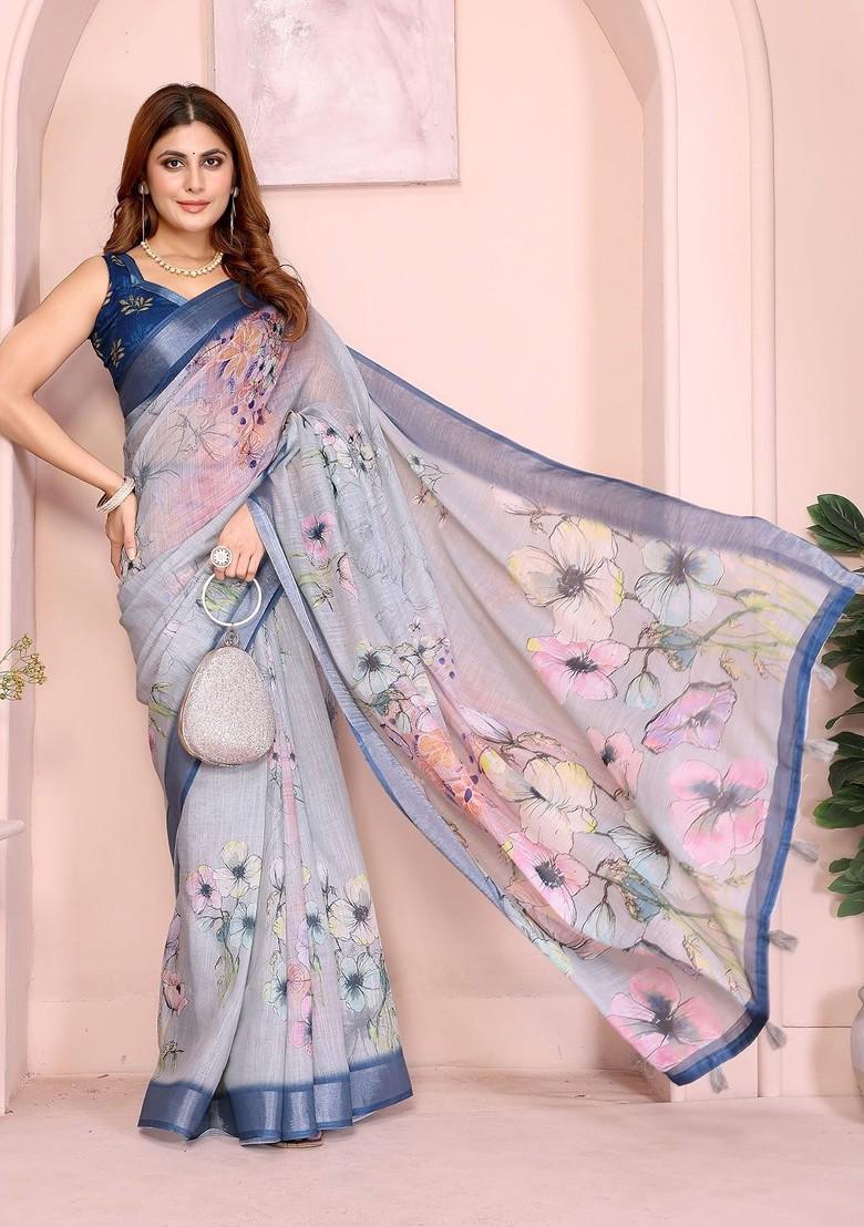 Grey Embroidered Blended Saree Set - Indya